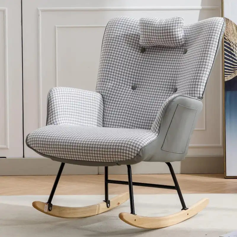 Soft Houndstooth Fabric Rocking Chair for Nursery and Living Room