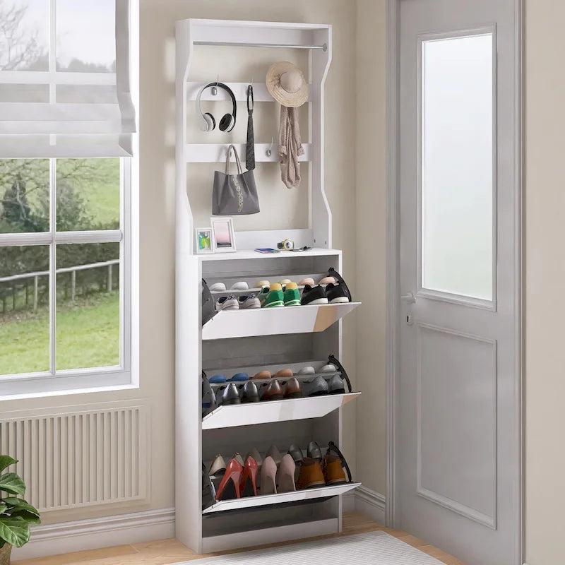 Mirror Shoe Cabinet with 3 Flip-Tier Drawers, Hooks and Hangers for Clothes