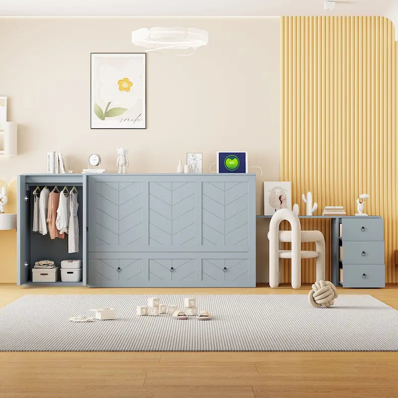 Murphy-Bett in Queen Size mit USB-Anschlüssen, Stauraumschublade, Kleiderschrank und Schreibtisch