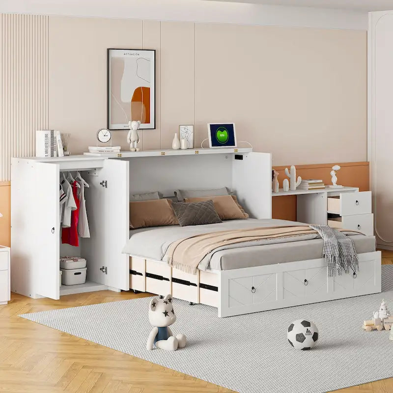 Murphy-Bett in Queen Size mit USB-Anschlüssen, Stauraumschublade, Kleiderschrank und Schreibtisch