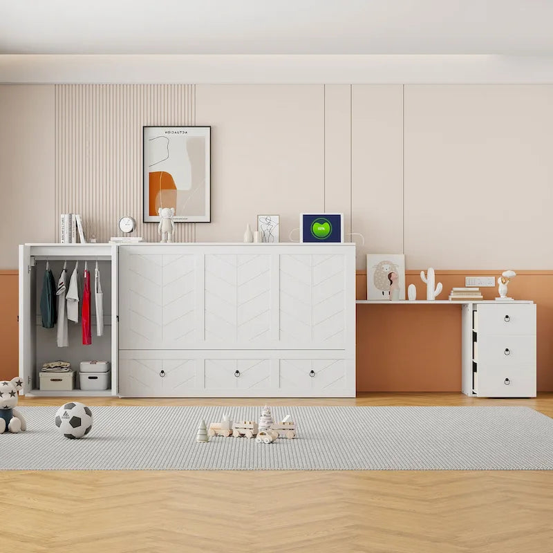 Murphy-Bett in Queen Size mit USB-Anschlüssen, Stauraumschublade, Kleiderschrank und Schreibtisch