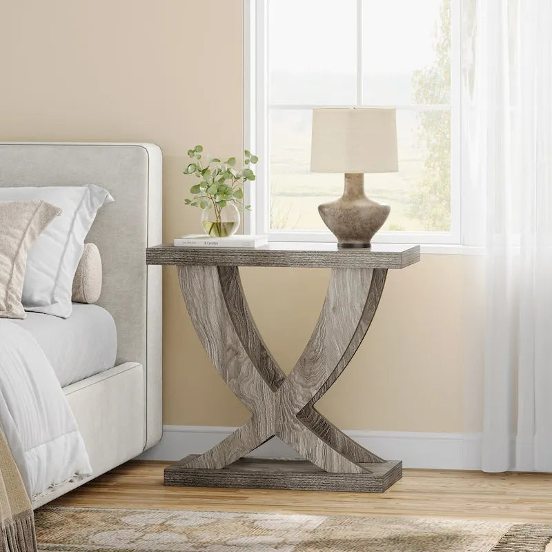 Farmhouse Narrow Side Table with Fishtail Support Design, Brown