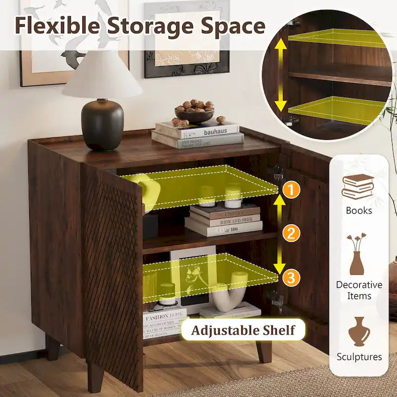 Akzentschrank aus Holz mit verstellbarem Regalboden und geriffeltem Design für das Esszimmer
