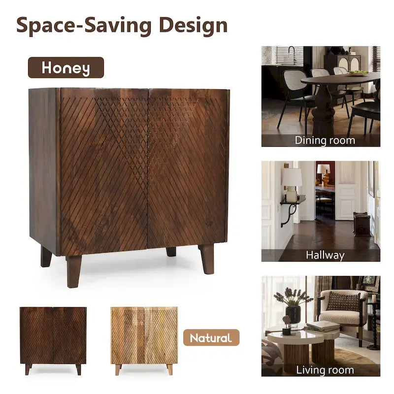 Akzentschrank aus Holz mit verstellbarem Regalboden und geriffeltem Design für das Esszimmer