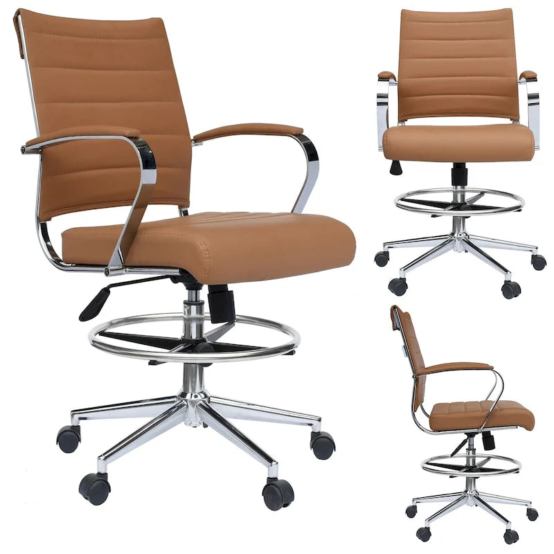 Adjustable Height PU Leather Swivel Stool Chair with Wheels for Counter and Bar Height Desk