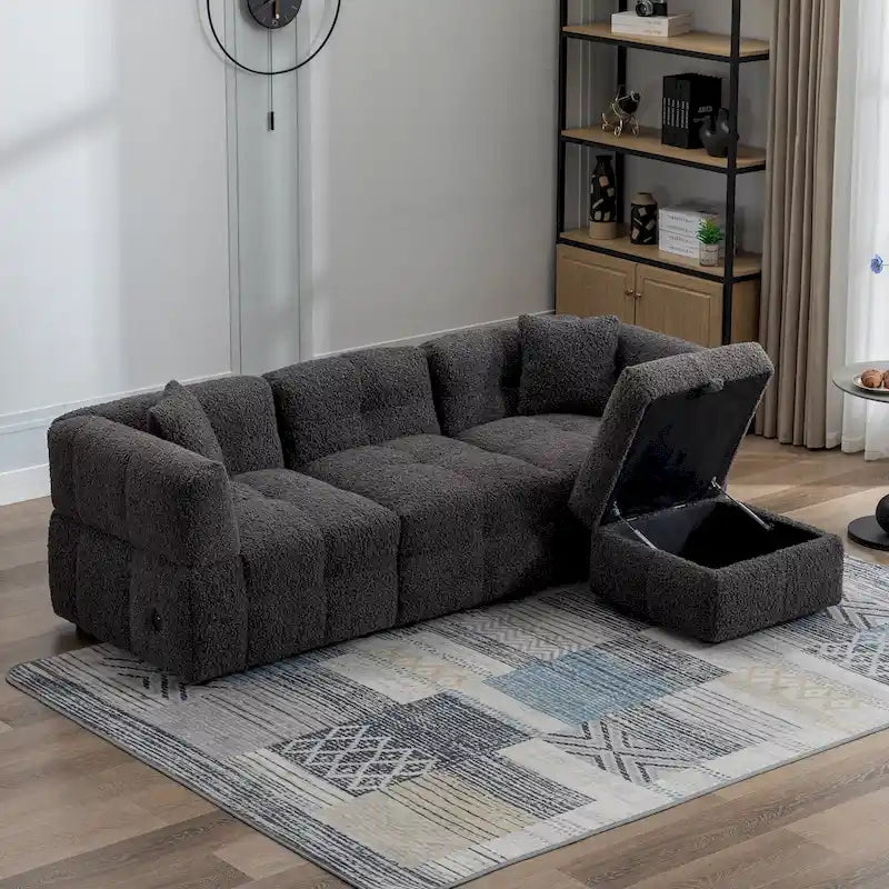 4-Seater Sectional Sofa with Movable Ottoman, 2 USB Ports and 2 Lumbar Pillows