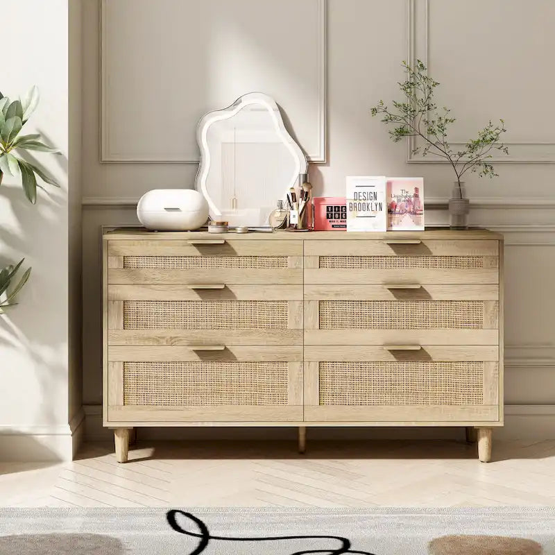 Rattan 6-Drawer Double Dresser with Metal Handles and Wood Legs for Bedroom