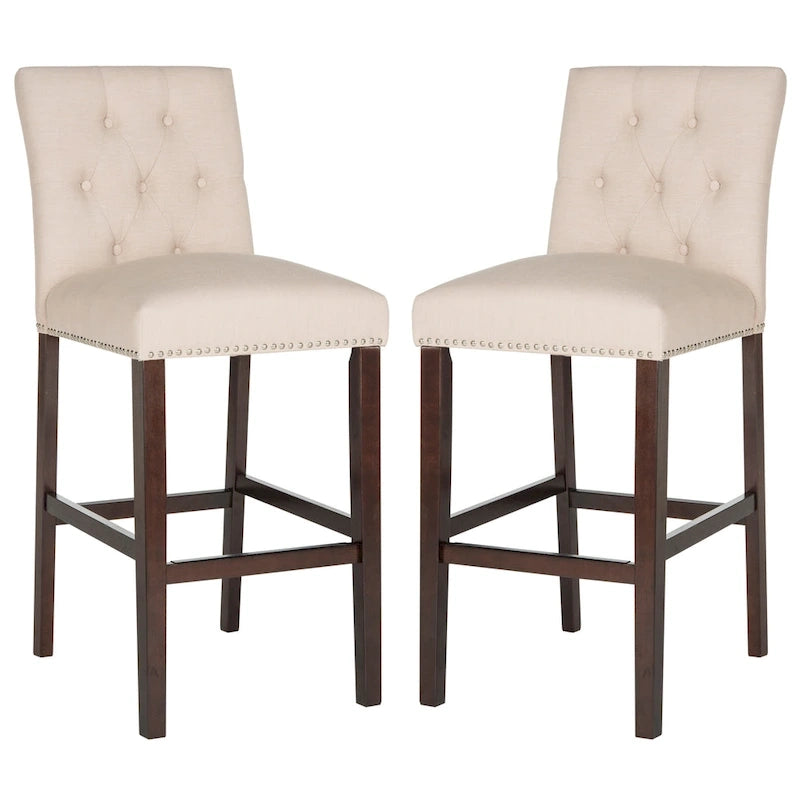 Tufted Upholstered Bar Stools with Espresso Legs, Set of 2