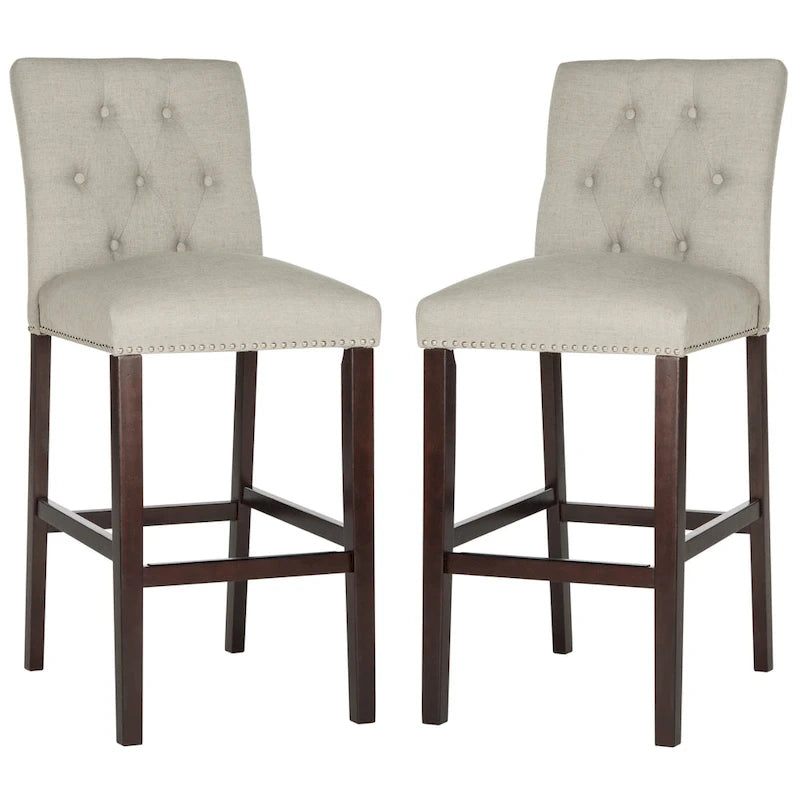 Tufted Upholstered Bar Stools with Espresso Legs, Set of 2