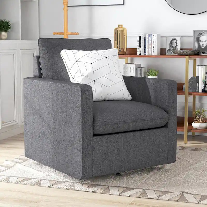 Linen Swivel Armchair with Cushion Back and 360-Degree Swivel Base