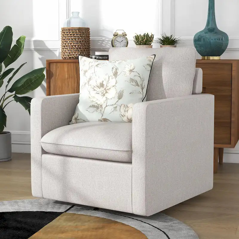 Linen Swivel Armchair with Cushion Back and 360-Degree Swivel Base