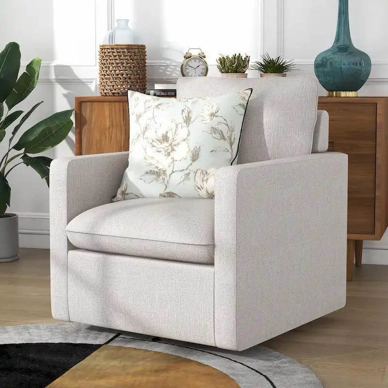Linen Swivel Armchair with Cushion Back and 360-Degree Swivel Base