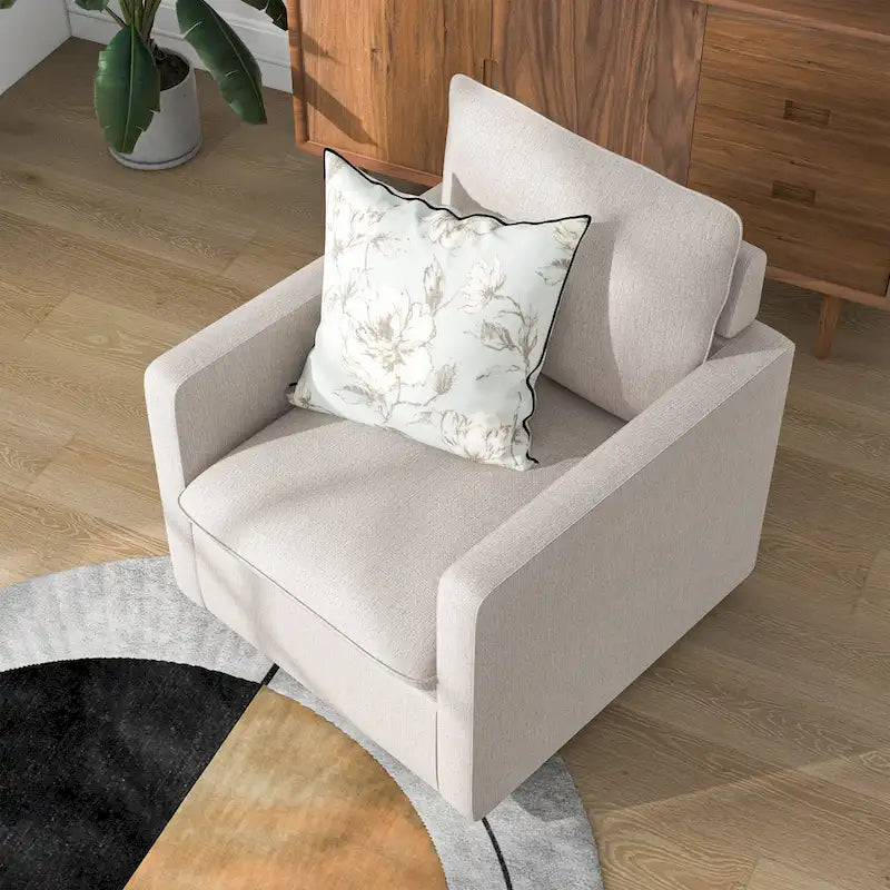 Linen Swivel Armchair with Cushion Back and 360-Degree Swivel Base