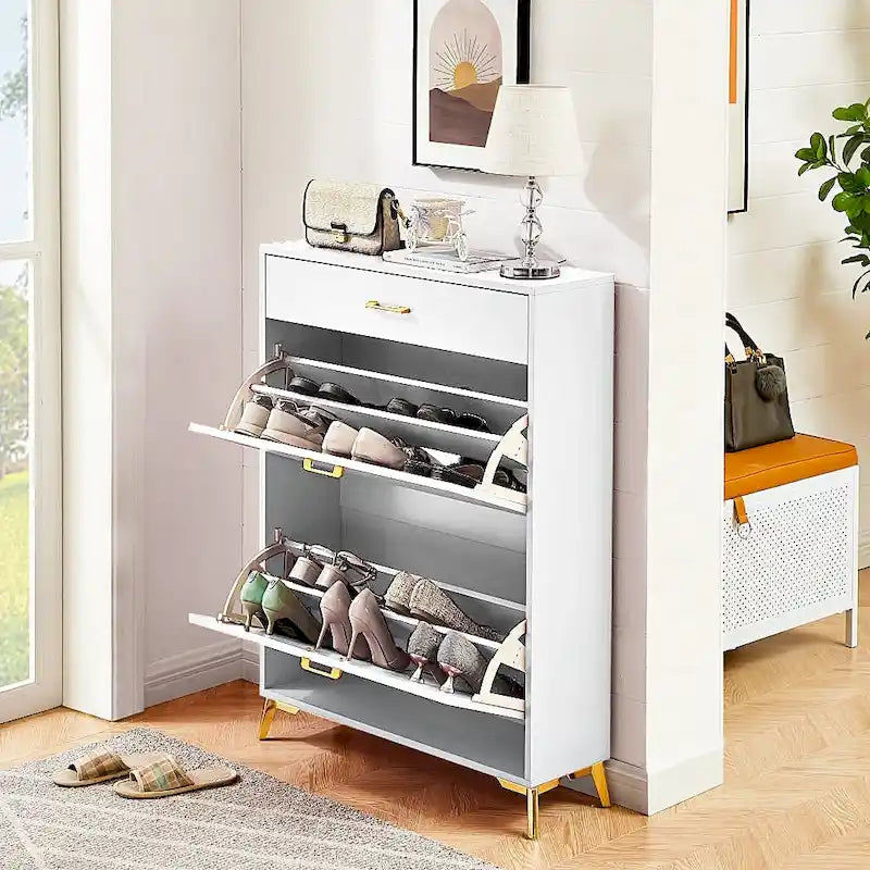 Freistehender Schuhschrank mit Klappschubladen und Metallbeinen