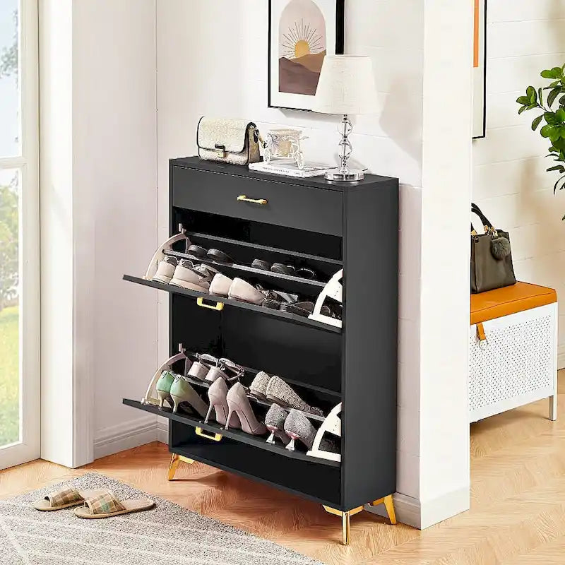 Freistehender Schuhschrank mit Klappschubladen und Metallbeinen