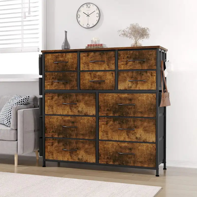 12-Drawer Tall Fabric Dresser with Side Pockets and Hooks for Bedroom