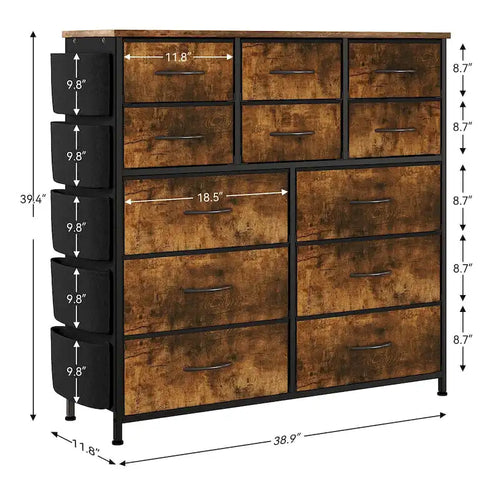 12-Drawer Tall Fabric Dresser with Side Pockets and Hooks for Bedroom