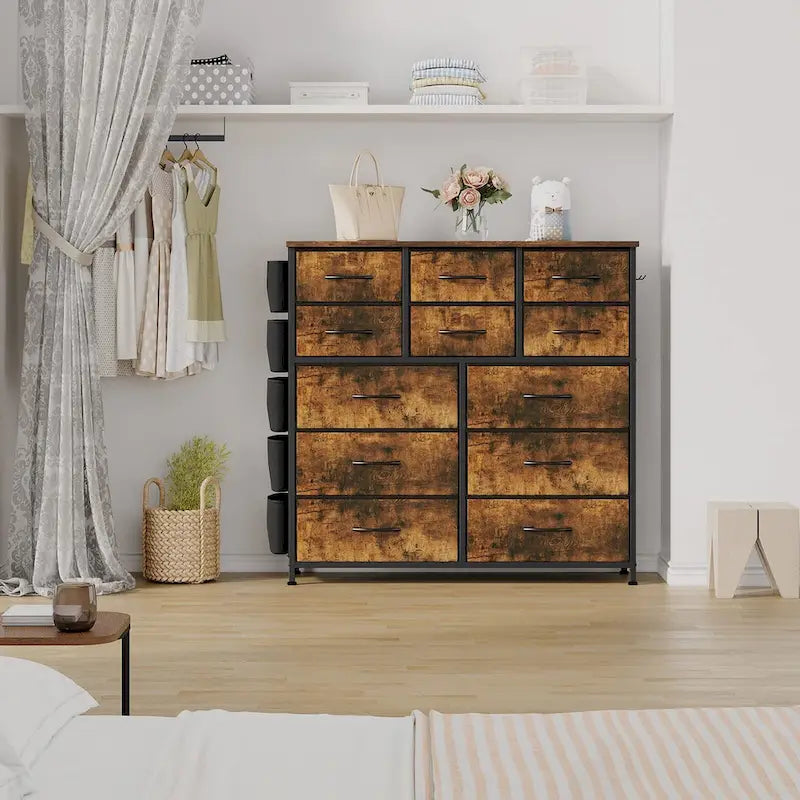 12-Drawer Tall Fabric Dresser with Side Pockets and Hooks for Bedroom
