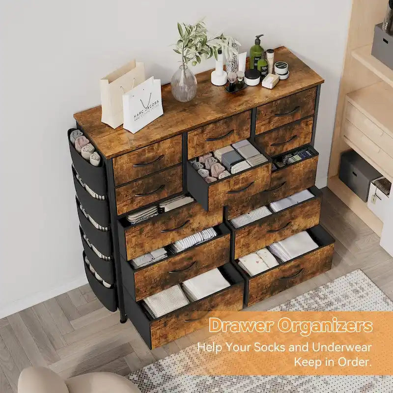 12-Drawer Tall Fabric Dresser with Side Pockets and Hooks for Bedroom