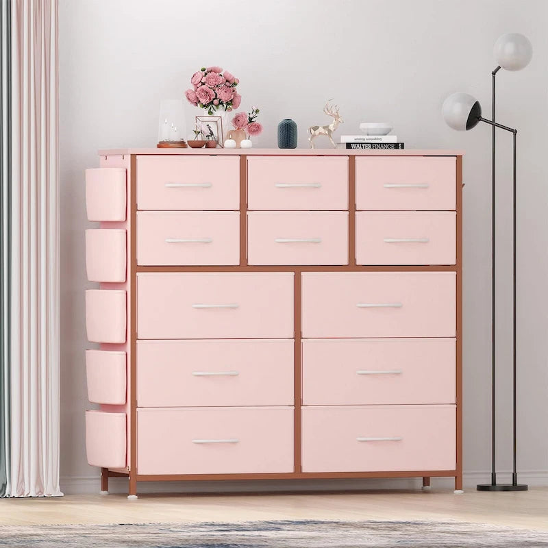 12-Drawer Tall Fabric Dresser with Side Pockets and Hooks for Bedroom