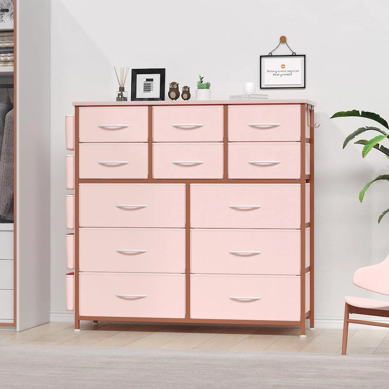 12-Drawer Tall Fabric Dresser with Side Pockets and Hooks for Bedroom