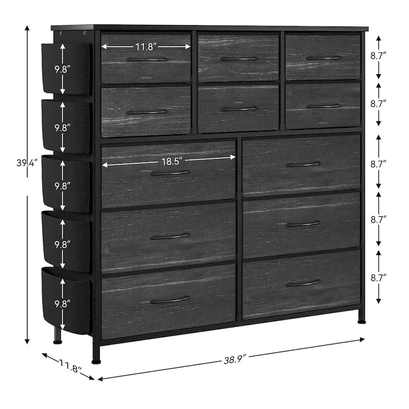 12-Drawer Tall Fabric Dresser with Side Pockets and Hooks for Bedroom