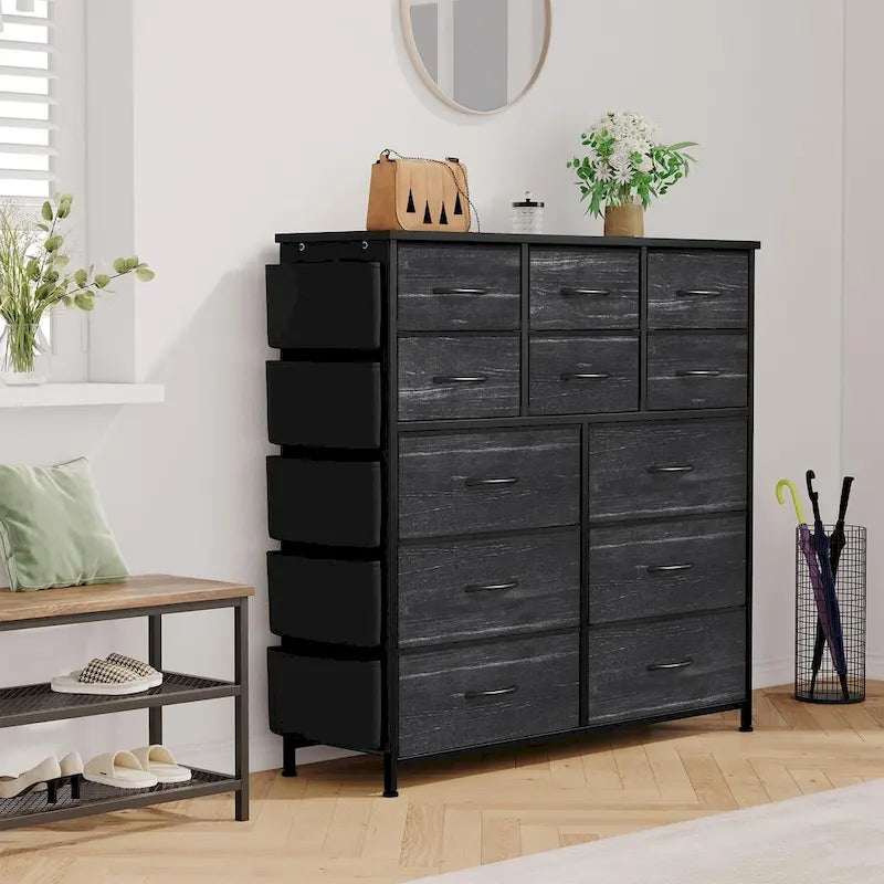 12-Drawer Tall Fabric Dresser with Side Pockets and Hooks for Bedroom