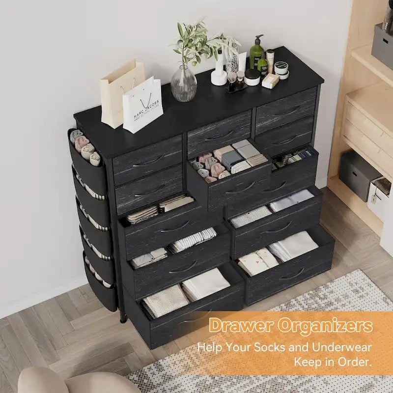 12-Drawer Tall Fabric Dresser with Side Pockets and Hooks for Bedroom