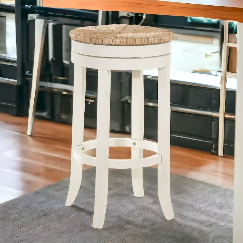 Natural and White Solid Wood Swivel Backless Bar Stool with Footrest