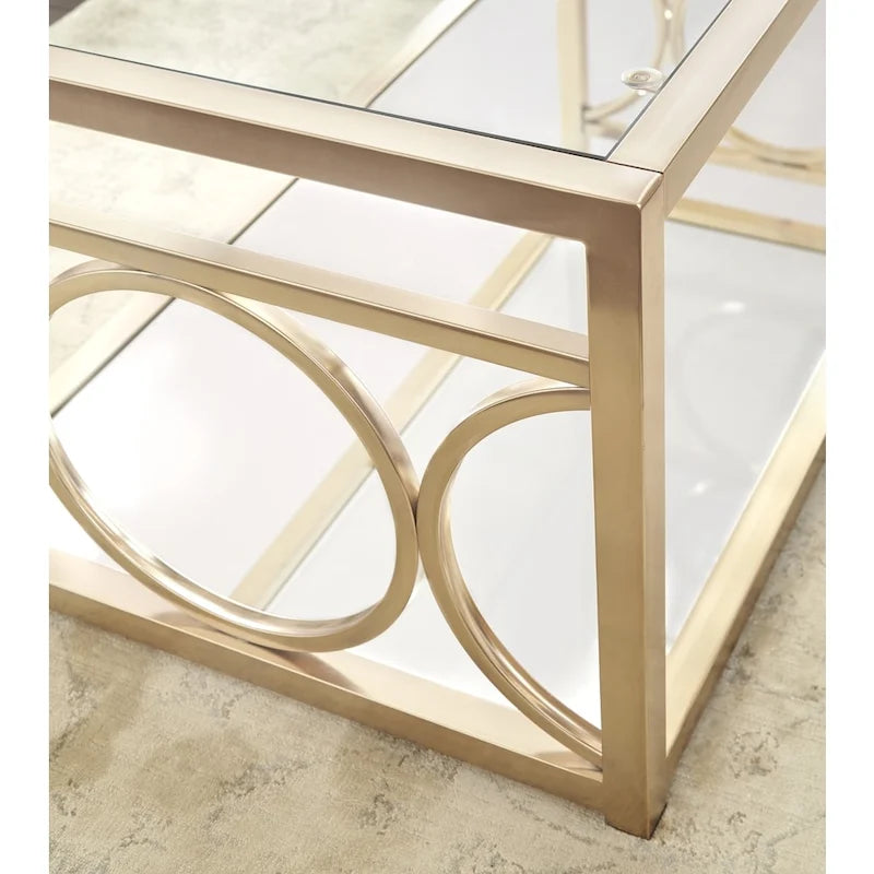 Moderner Beistelltisch aus gehärtetem Glas mit goldenem Metallrahmen und verspiegelter Ablage