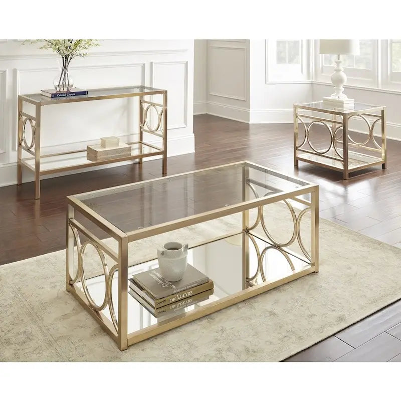 Moderner Beistelltisch aus gehärtetem Glas mit goldenem Metallrahmen und verspiegelter Ablage