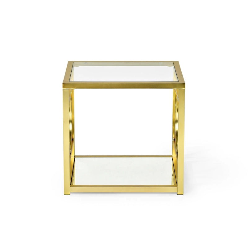 Moderner Beistelltisch aus gehärtetem Glas mit goldenem Metallrahmen und verspiegelter Ablage