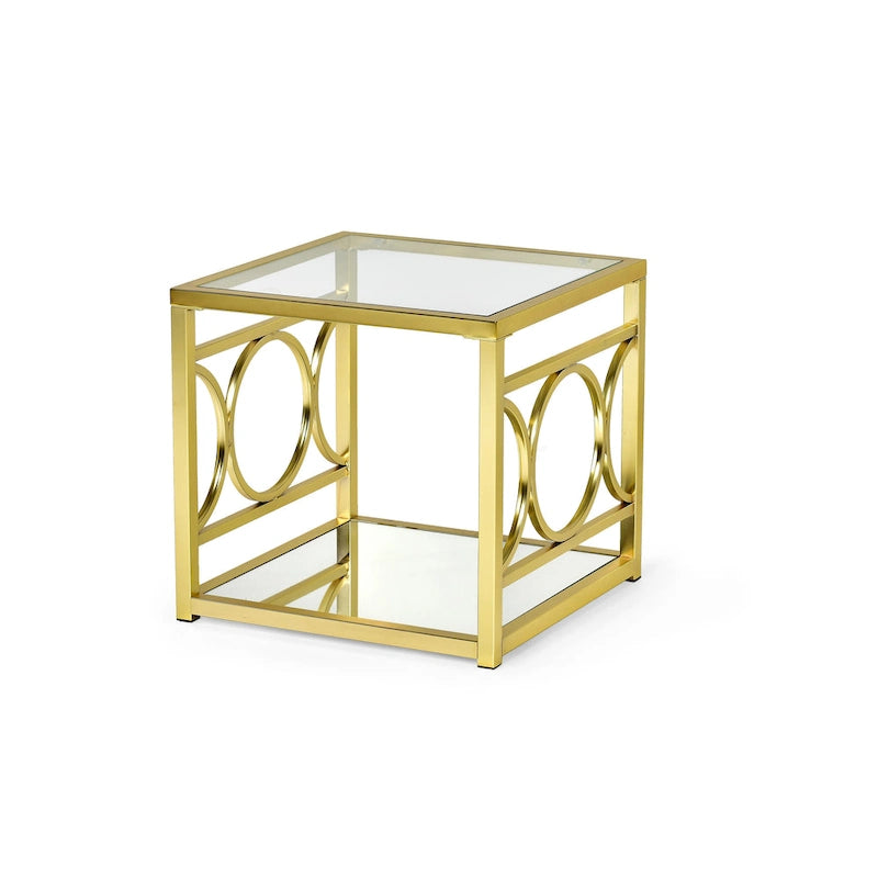 Moderner Beistelltisch aus gehärtetem Glas mit goldenem Metallrahmen und verspiegelter Ablage