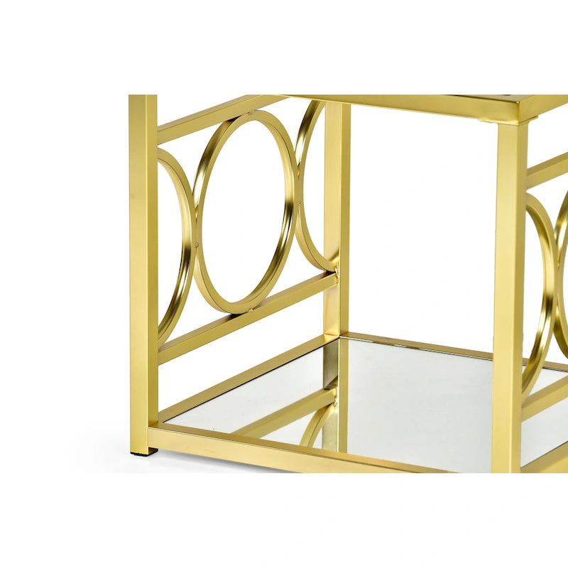 Moderner Beistelltisch aus gehärtetem Glas mit goldenem Metallrahmen und verspiegelter Ablage
