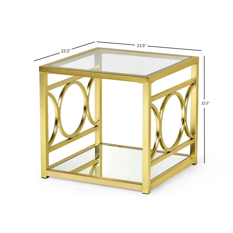 Moderner Beistelltisch aus gehärtetem Glas mit goldenem Metallrahmen und verspiegelter Ablage