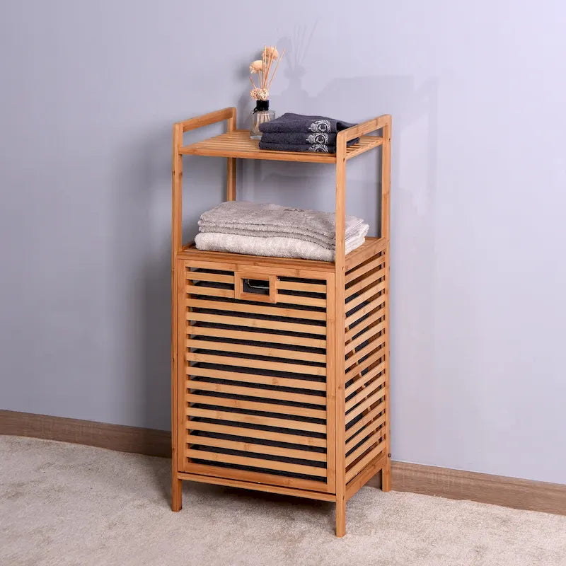 Bamboo Bathroom Laundry Storage Cabinet with 2-Tier Shelf and Hamper