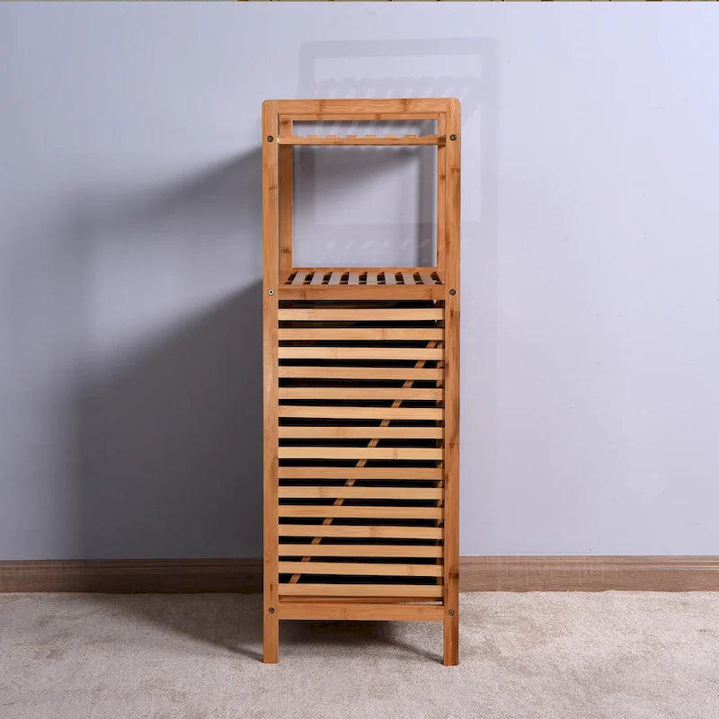 Bamboo Bathroom Laundry Storage Cabinet with 2-Tier Shelf and Hamper