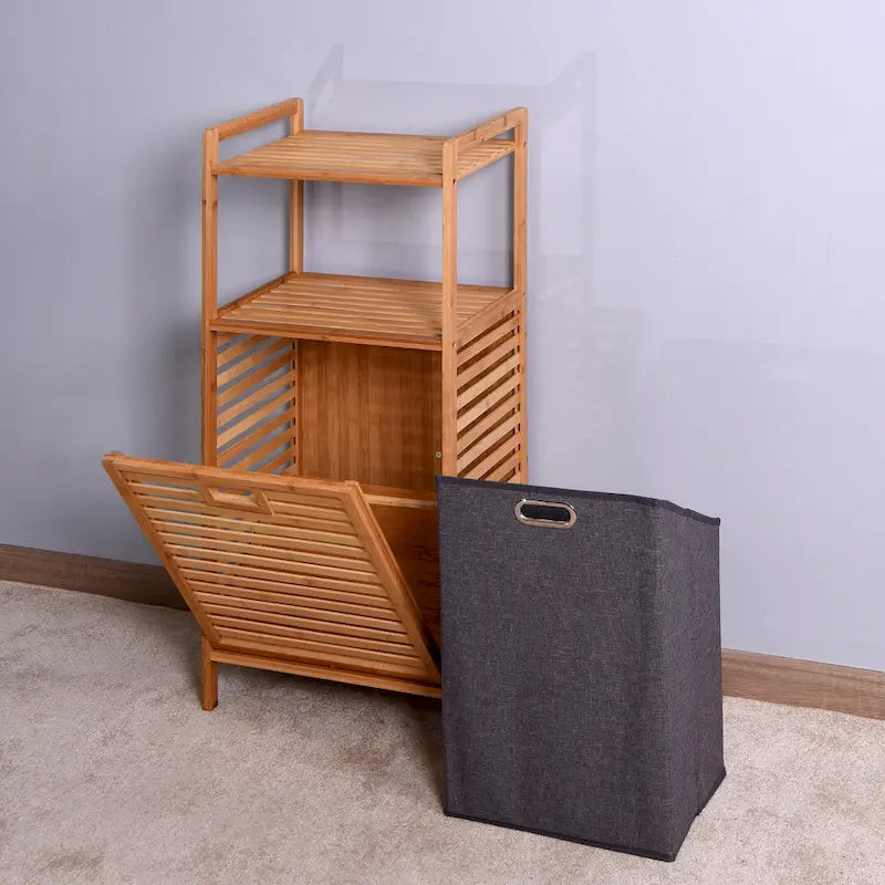 Bamboo Bathroom Laundry Storage Cabinet with 2-Tier Shelf and Hamper
