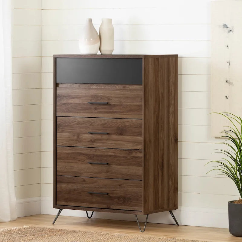 Scandinavian Style 5-Drawer Bedroom Chest in Natural Walnut and Charcoal