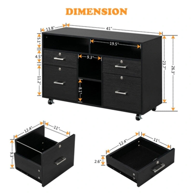 Black Wood Grain 4-Drawer Rolling File Cabinet with Lock