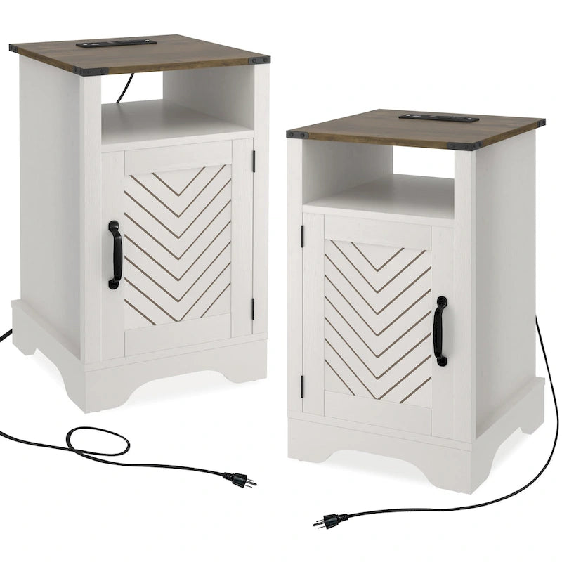 Farmhouse Nightstand with Charging Station and Barn Door, Set of 2