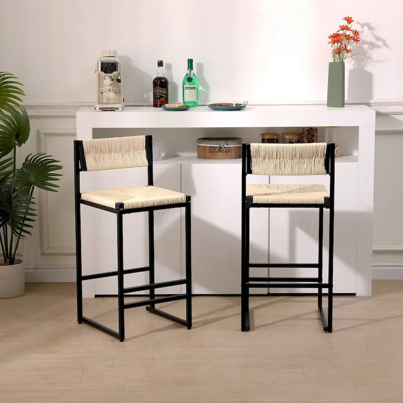 Set of 2 Paper Rope Woven Dining Chairs and Bar Stools with Footrest