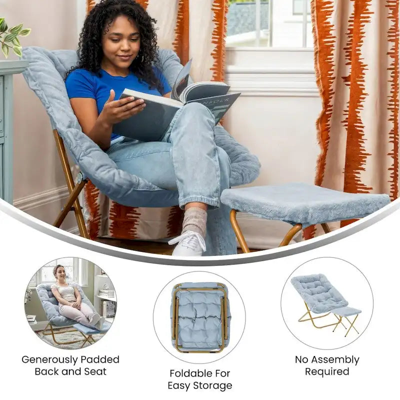 Oversized Folding Upholstered Saucer Chair with Ottoman, No Assembly Required