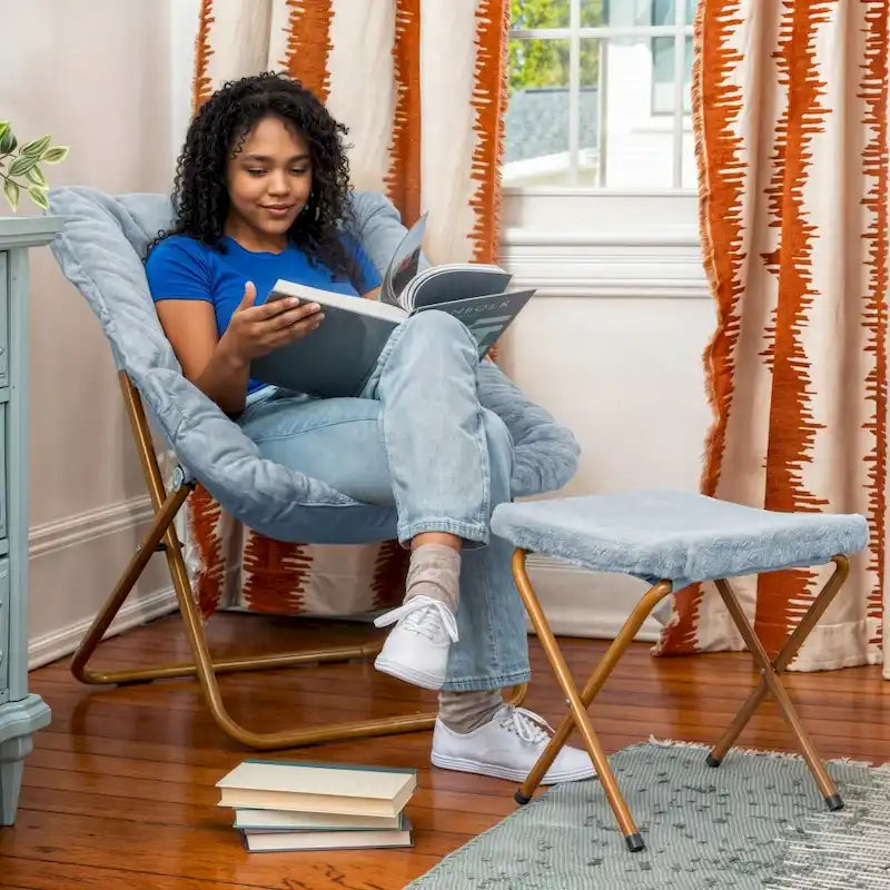 Oversized Folding Upholstered Saucer Chair with Ottoman, No Assembly Required
