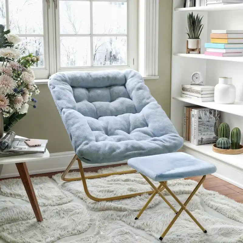 Oversized Folding Upholstered Saucer Chair with Ottoman, No Assembly Required