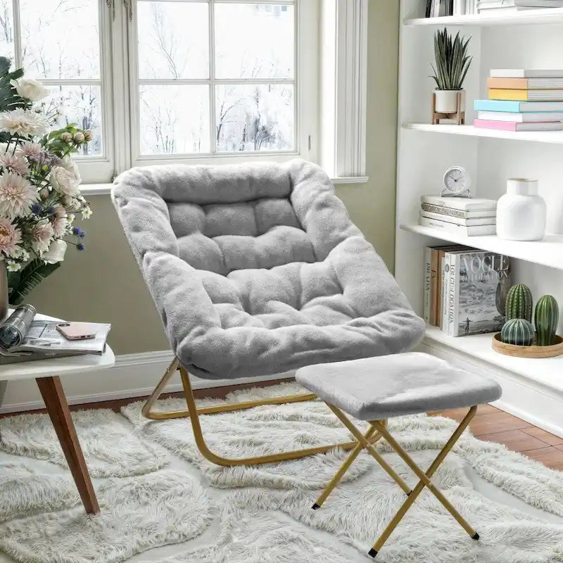 Oversized Folding Upholstered Saucer Chair with Ottoman, No Assembly Required