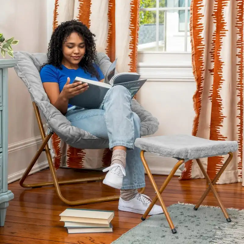 Oversized Folding Upholstered Saucer Chair with Ottoman, No Assembly Required