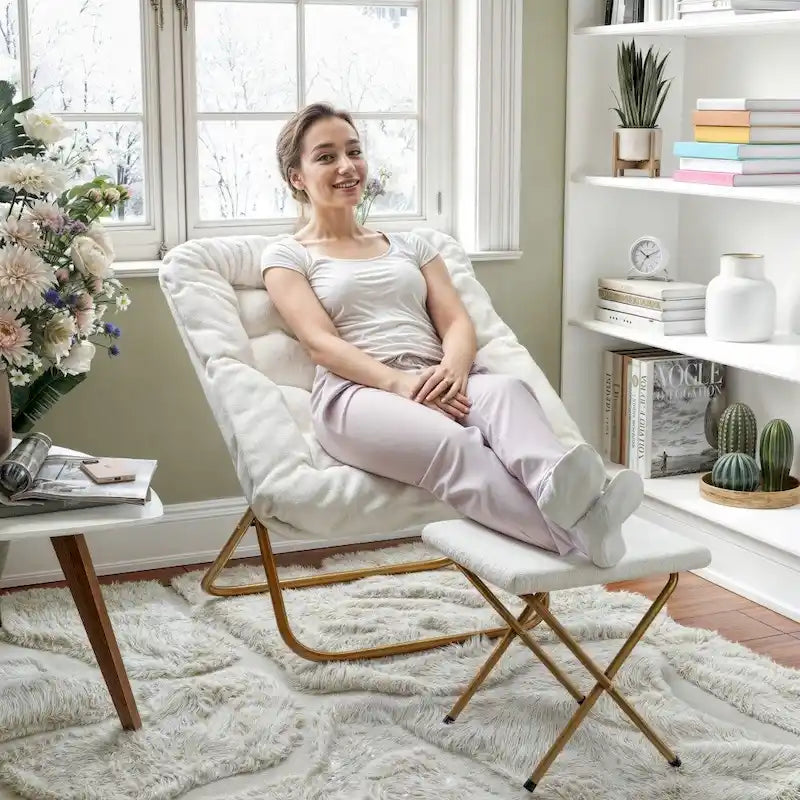 Oversized Folding Upholstered Saucer Chair with Ottoman, No Assembly Required