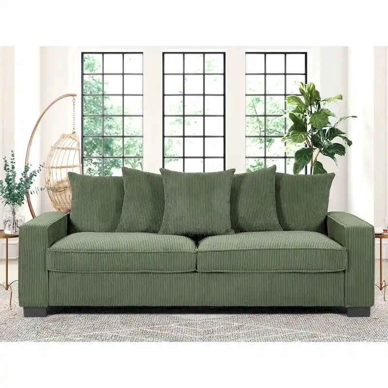 88-Inch Corduroy Track Arm Sofa with 5 Toss Pillows, Seats 3