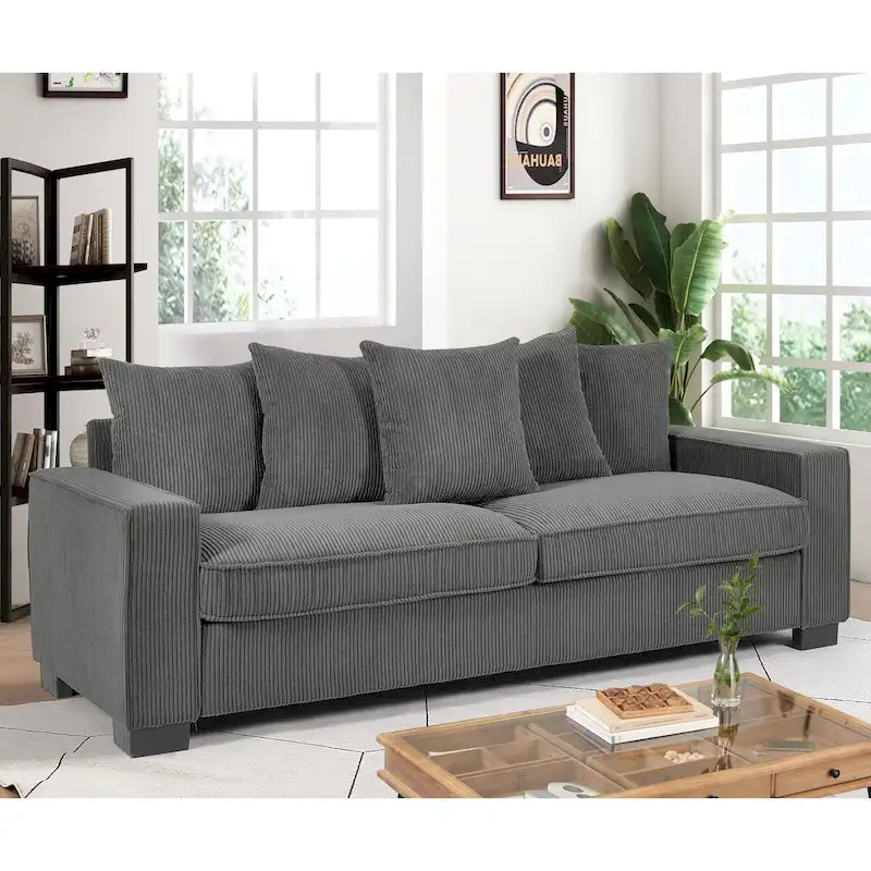 88-Inch Corduroy Track Arm Sofa with 5 Toss Pillows, Seats 3